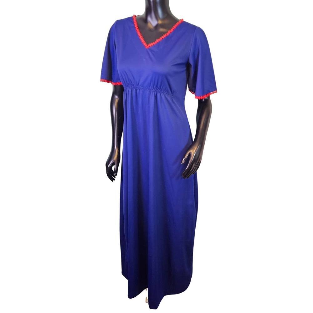 Vintage 60s 70s Handmade Royal Blue Maxi Dress Red Lace Trim Empire Waist VNeck
